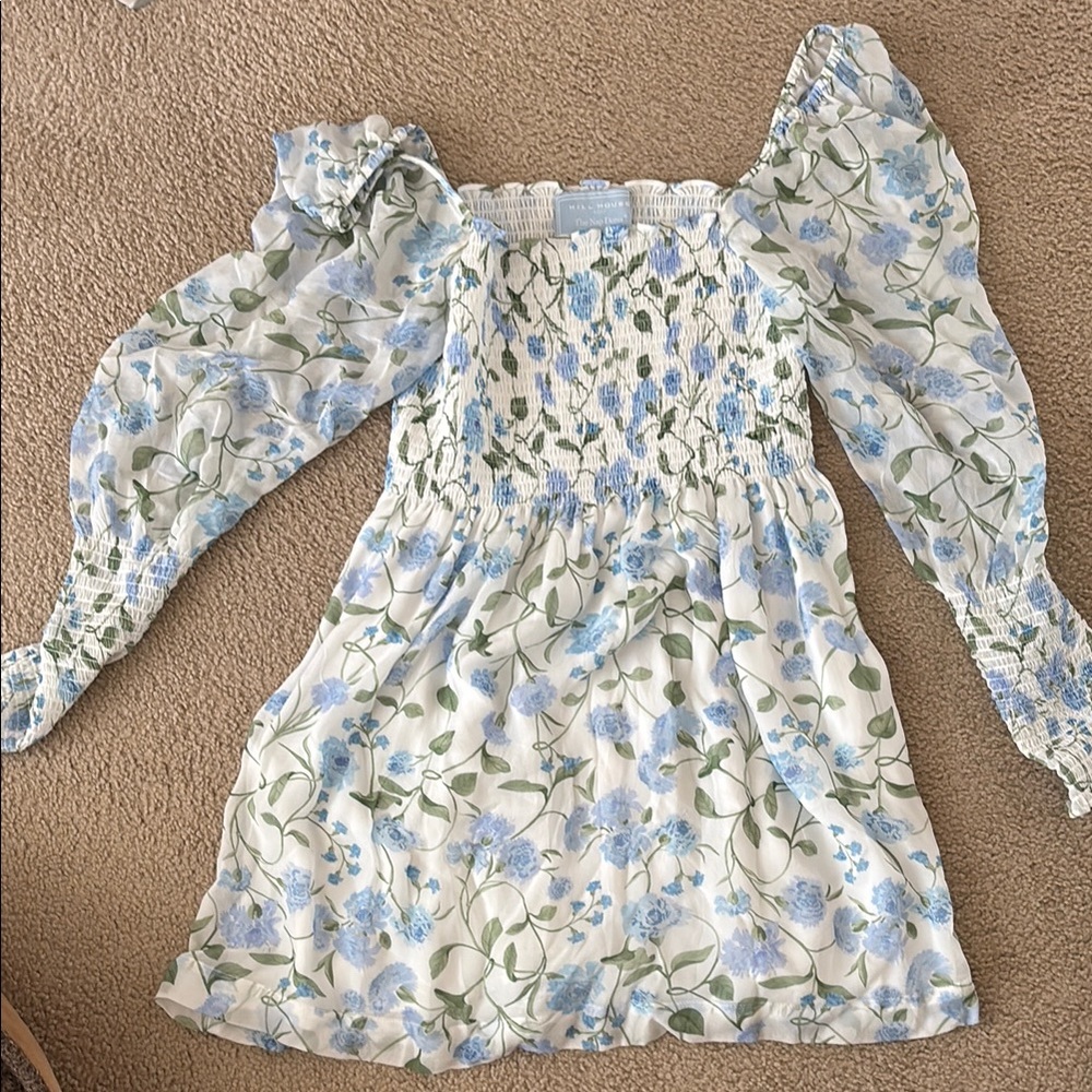 Hill House Blue Smocked Sundress with Long Puff Sleeves and Square Neck